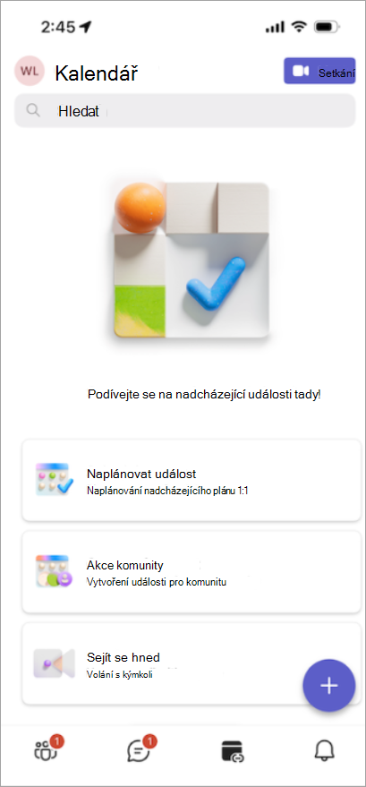 Uspořádejte schůzky, události komunity a další akce z nově navržené karty Kalendář.