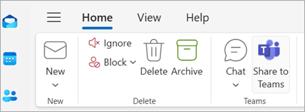 Snímek obrazovky znázorňující sdílení do Teams na pásu karet Outlooku