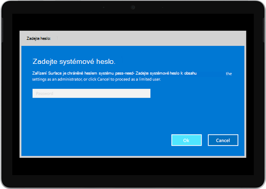 Zobrazuje modrou obrazovku s textem Zadejte systémové heslo. K dispozici je pole pro zadání hesla a pod ním se nachází tlačítka OK a Zrušit.