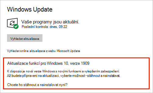 služba Windows Update zobrazení umístění aktualizace funkcí