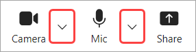 Obrázek se šipkami rozevíracího seznamu Kamera a mikrofon v ovládacích prvcích schůzky v Teams