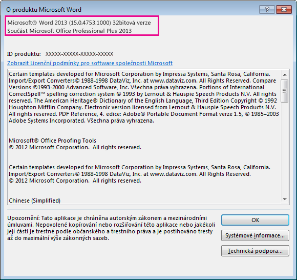 Okno O aplikaci Word 2013