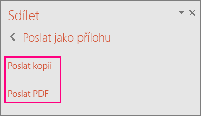 Zobrazuje odkaz Poslat PDF v PowerPointu 2016.