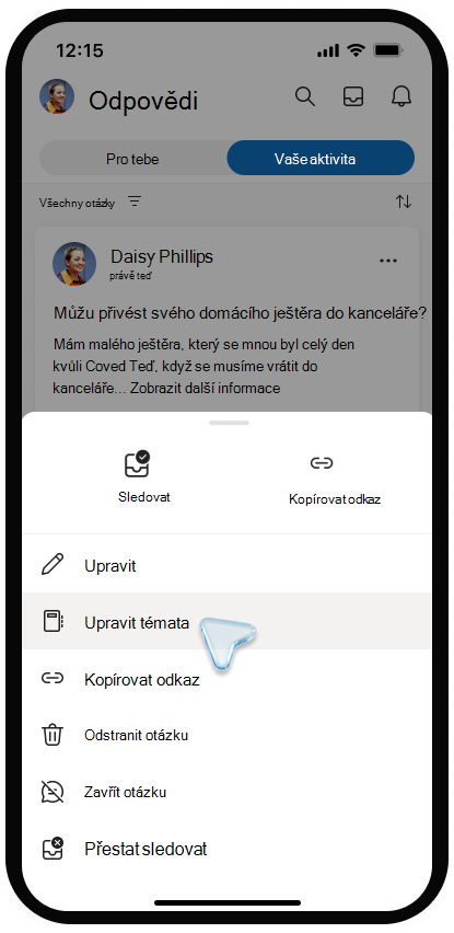 Snímek obrazovky s nabídkou pro úpravy témat v Viva Engage na mobilním zařízení