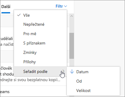 Filtrování e-mailů v Outlooku na webu