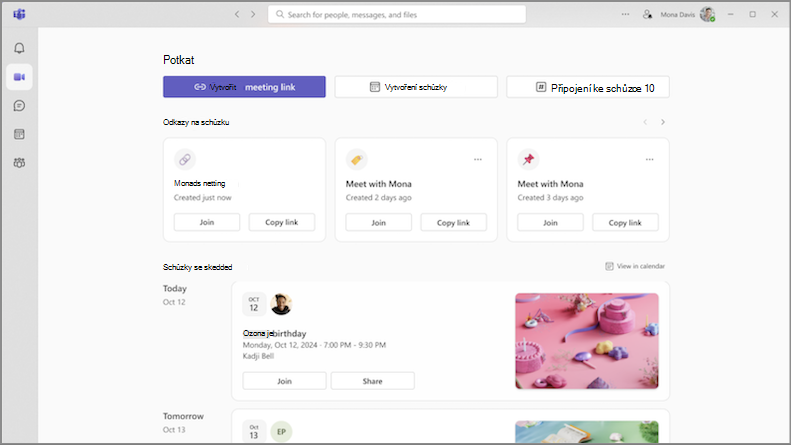 Snímek obrazovky s kartou Schůzka v Teams zobrazující nový způsob správy schůzek