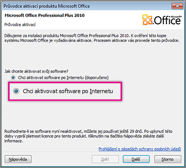 Aktivace softwaru přes internet