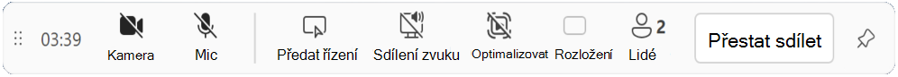 Panel prezentujícího pro sdílení obrazovky v Teams