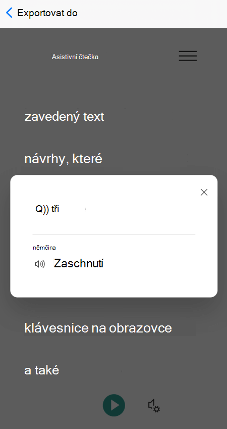 Přeložené slovo v zobrazení Asistivní čtečka v Microsoft Lensu pro iOS