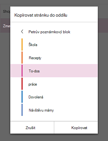 Nabídka Kopírovat stránku do oddílu ve OneNotu pro Android