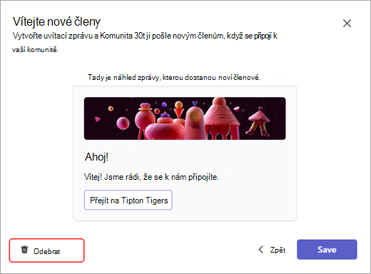 Snímek obrazovky s tlačítkem odebrat pro odstranění zprávy komunitního robota v Microsoft Teams