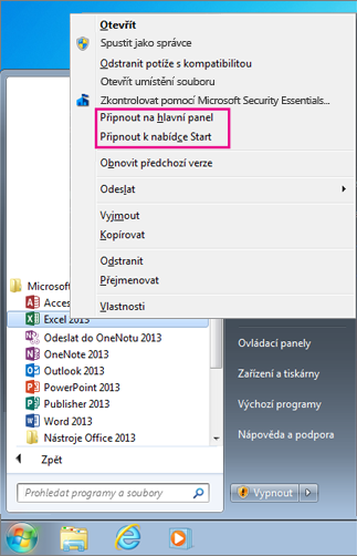 Připnutí aplikace Office na nabídku Start nebo na hlavní panel ve Windows 7