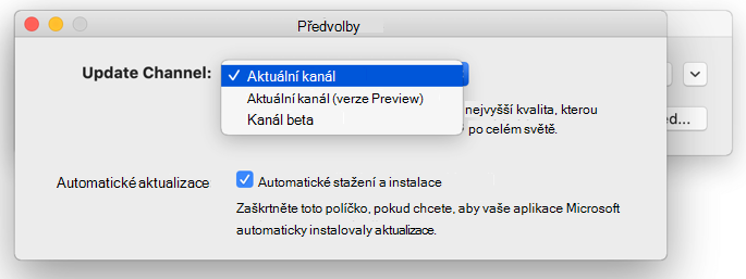 Obrázek automatické aktualizace pro Mac Microsoft -> okno předvoleb, které ukazuje možnosti aktualizačního kanálu.