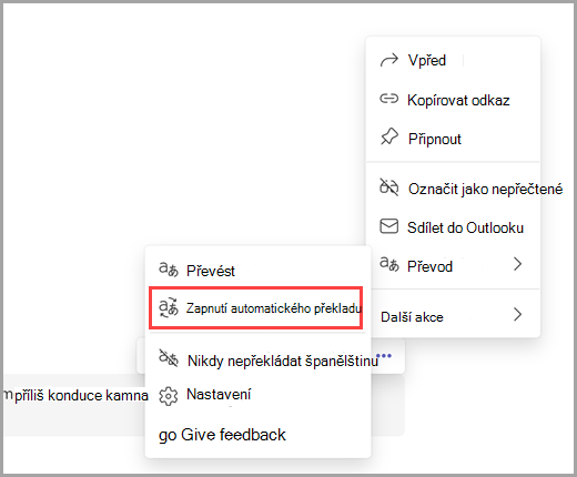 Výběr dalších možností pro zapnutí automatických překladů
