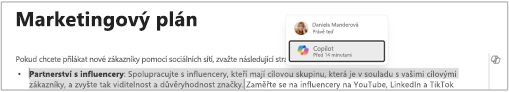 Snímek obrazovky, který ukazuje, jaký text Copilot vygeneroval, včetně toho, kdy byl obsah přidán.