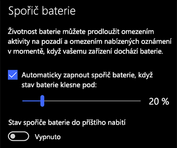 Obrázek nastavení spořiče baterie