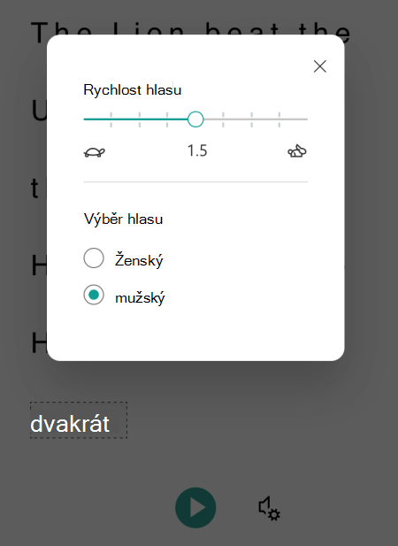 Dialogové okno Možnosti hlasu v asistivní čtečce pro Microsoft Lens pro iOS.