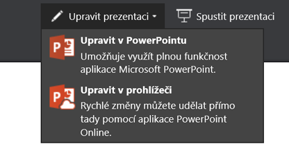 Možnost Upravit prezentaci umožňuje úpravu v prohlížeči.