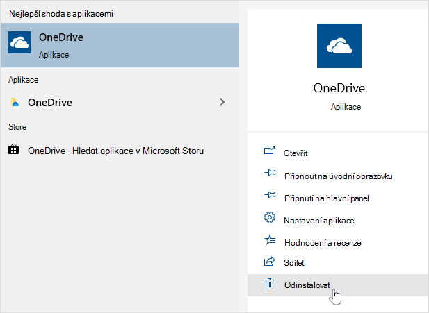 Odinstalace aplikace OneDrive Store