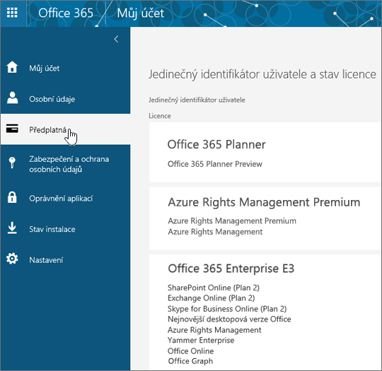 Stránka Předplatná Office 365