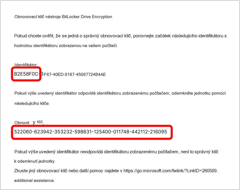 Snímek obrazovky s výtiskem obnovovacího klíče nástroje BitLocker