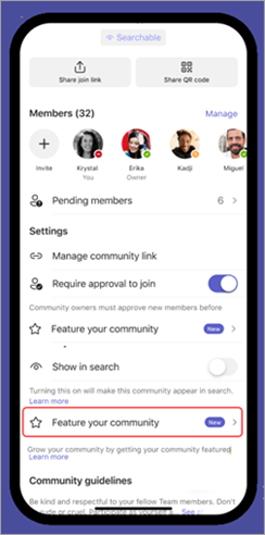 Snímek obrazovky s funkcí vaše komunita v nastavení komunity v Microsoft Teams (zdarma) na mobilním zařízení