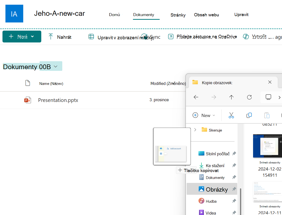 Soubor obrázku přetahovaný z okna Průzkumníka do knihovny dokumentů SharePointu