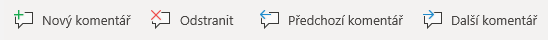 Tlačítka pro komentáře ve Windows Mobile: Vytvoření nového komentáře, odstranění aktuálního komentáře, přechod na předchozí komentář a přechod na následující komentář