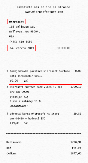 Na stvrzence (nebo dokladu o zakoupení) musí být uveden obchod, kde bylo zařízení zakoupeno, datum a název zařízení (nebo rozepsaný na položky).