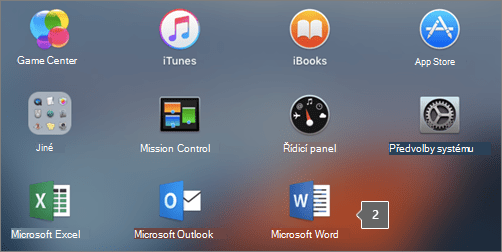 Zobrazuje ikonu Microsoft Word v částečném zobrazení Launchpadu.