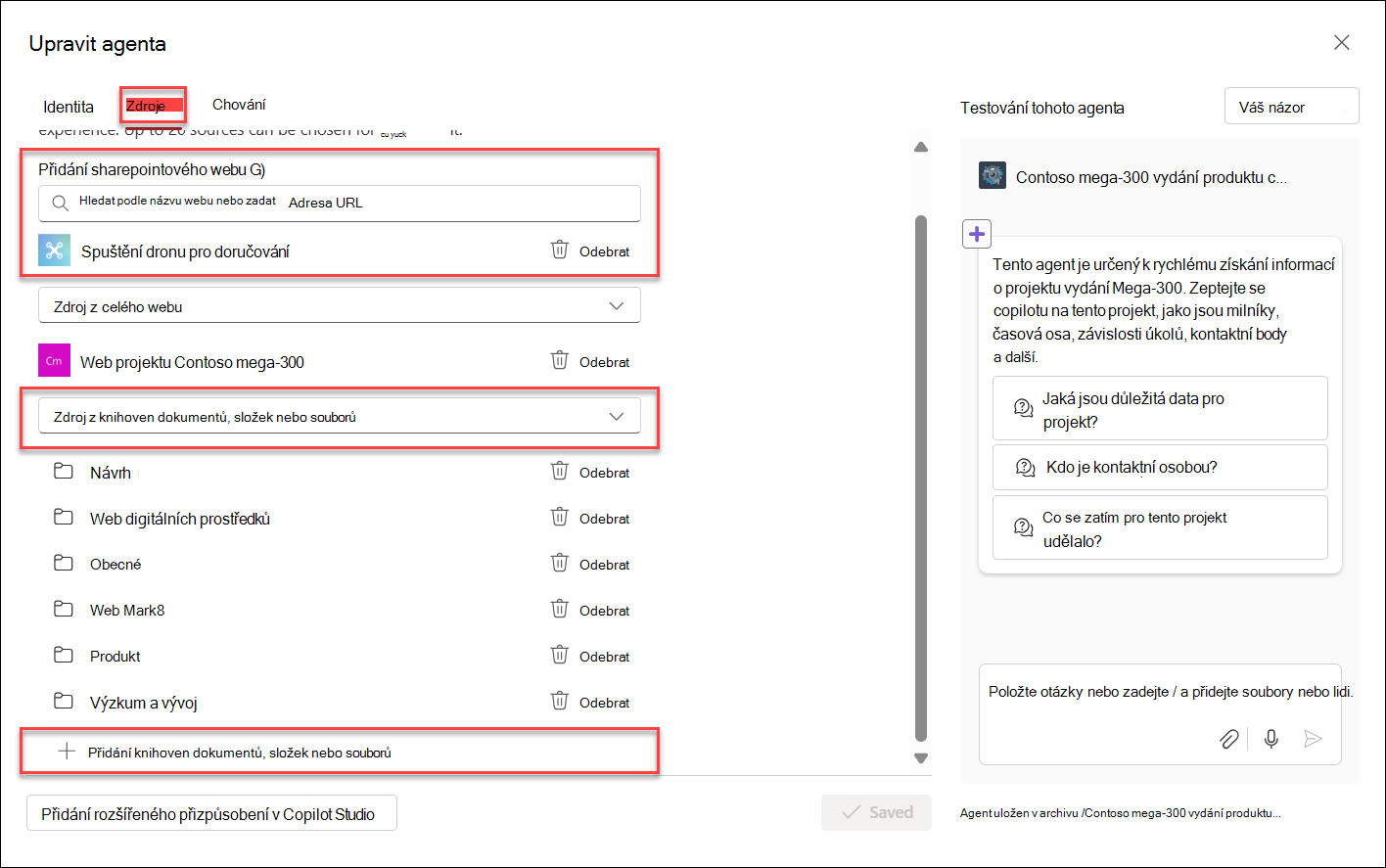 Snímek obrazovky přidávání zdrojů znalostí do agenta Copilotu