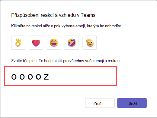 Zpráva ukazující, jak přizpůsobit až pět rychlých reakcí a vybrat si ze šesti odstínů pleti Výběrem možnosti Uložit vyberte, jestli chcete vybrat, nebo zrušit, aby se vaše možnosti nezměnily.