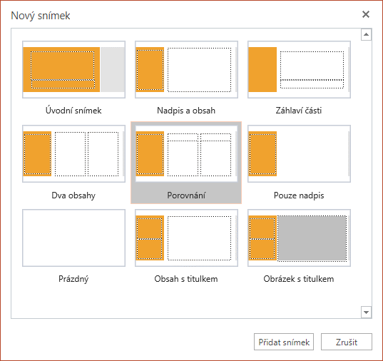 V dialogovém okně Nový snímek v PowerPointu Online si můžete vybrat z několika rozložení snímků.