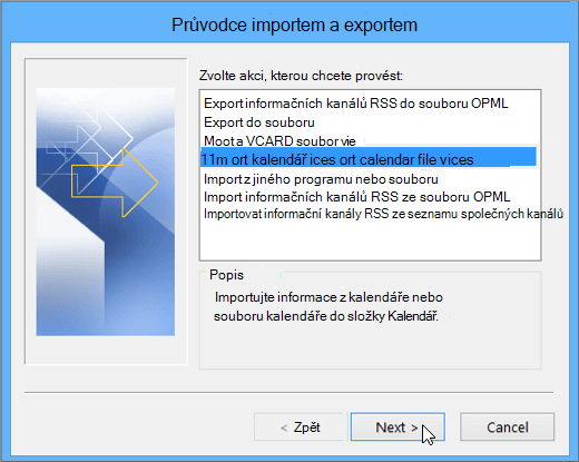 Zvolte Import souboru iCalendar nebo vCalendar.