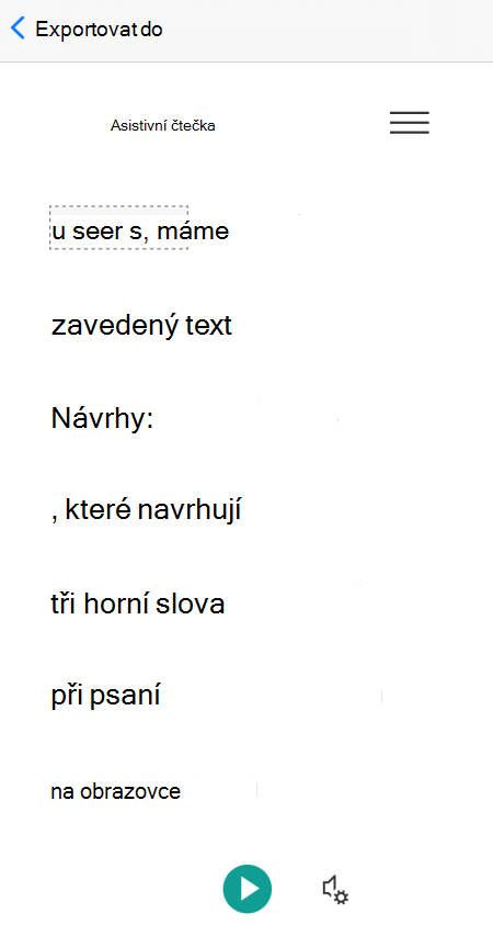 Wordové slabiky zobrazené v zobrazení Asistivní čtečka v Microsoft Lensu pro iOS.