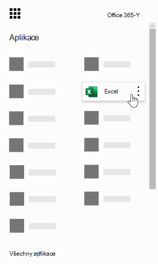 Spouštěč aplikací se zvýrazněnou Excel aplikací