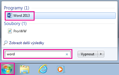 Hledání aplikací Office ve Windows 7