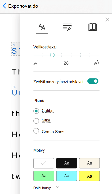 Dialogové okno Předvolby textu v asistivní čtečce v Microsoft Lensu pro iOS.