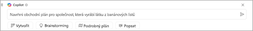 Snímek obrazovky zobrazující textové pole Copilotu na plátně. „Vypracuj obchodní plán pro společnost, která vyrábí látky z banánových listů“ – výzva zadaná do textového pole.