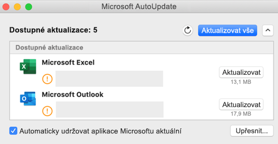 Obrázek řídícího panelu Microsoft AutoUpdate s informacemi o aktualizacích.