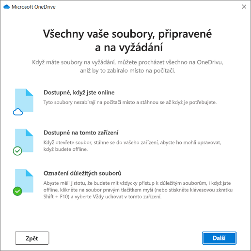 Obrazovka Soubory na vyžádání v průvodci Vítá vás OneDrive