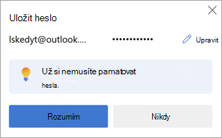 Výzva k uložení hesla webu pro pozdější použití v Microsoft Edgi