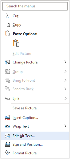 Indstillingen Rediger alternativ tekst i genvejsmenuen for et billede