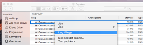 Højrekliksmenu for at hente en fil fra Papirkurv på en Mac