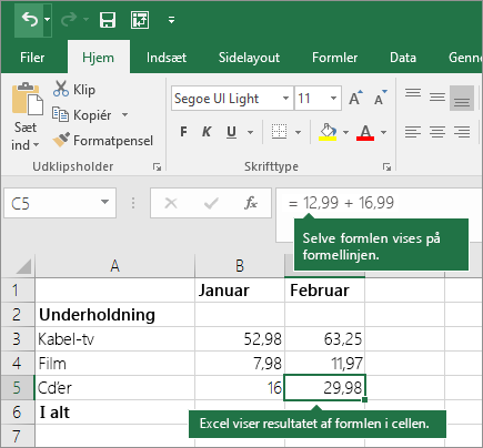 Eksempel på en simpel formel