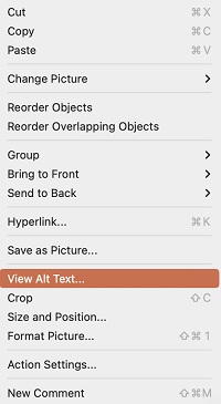 Indstillingen Vis alternativ tekst i genvejsmenuen i PowerPoint til Mac.