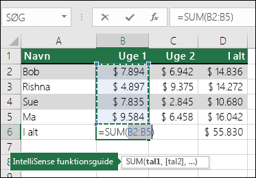 Celle B6 viser Autosum Sum-formlen: =SUM(B2:B5)