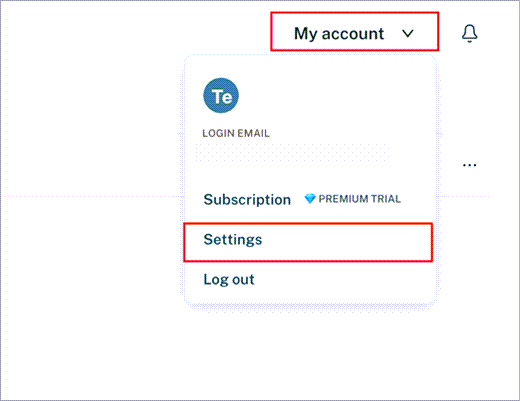 Menuen Min konto i Dashlane med indstillingen Indstillinger fremhævet.