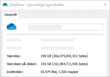 OneDrive-størrelse på diskegenskaber