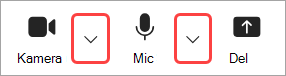 Billedfremhævning Afspilning af kamera og mikrofonrulleliste i Teams-mødekontrolelementer.